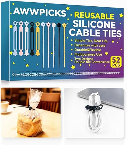 Paquete de 52 bridas de silicona reutilizables, con diseño de estrella en 2 estilos, organización de cables duraderos y elásticos para el hogar,