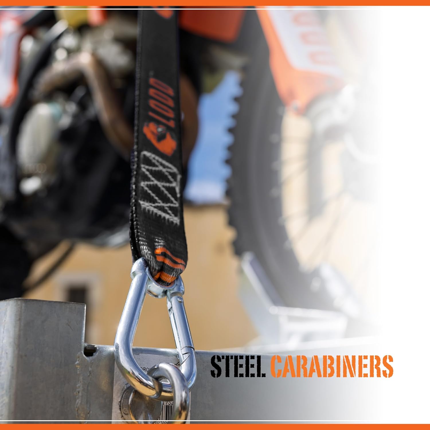 LODD - Motorcycle Tie Down Straps with Heavy-Duty Buckles, Fur Protection, Steel Carabiner, Reinforced Buckle | 2,400 lbs, 1.5" | Trailer Securing for Dirt Bike, Enduro, Trial, Quad, Trail - Image 4