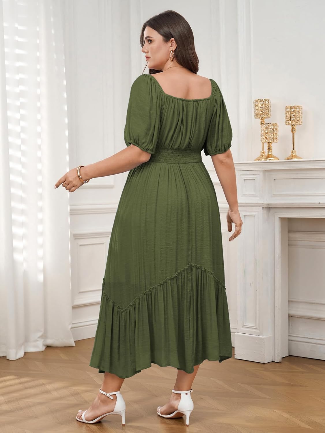 Women's Plus Size Dress Short Sleeve Square Neck Tie Front Ruffle Hem Boho Maxi Milkmaid Dress - Image 3