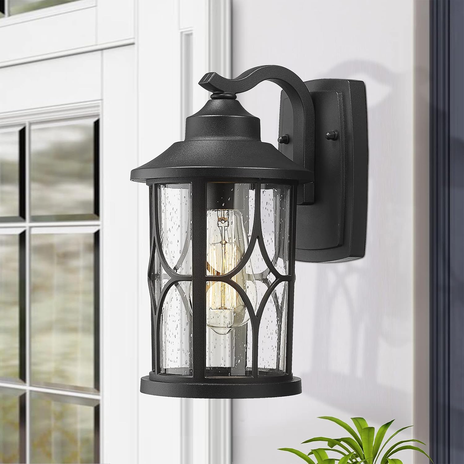 zeyu 2 Pack Outdoor Wall Lights, Exterior Light Fixture for Front Porch House, Die-Cast Aluminum with Seeded Glass, Black Finish, ZX48B-2PK BK