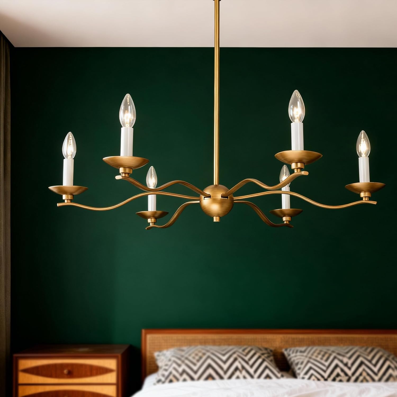 KSANA Brushed Antique Gold Chandelier, Elegant 30" Transitional Dining Room Hanging Light Fixture with Curved Arms and 6 Candle-Style Lights
