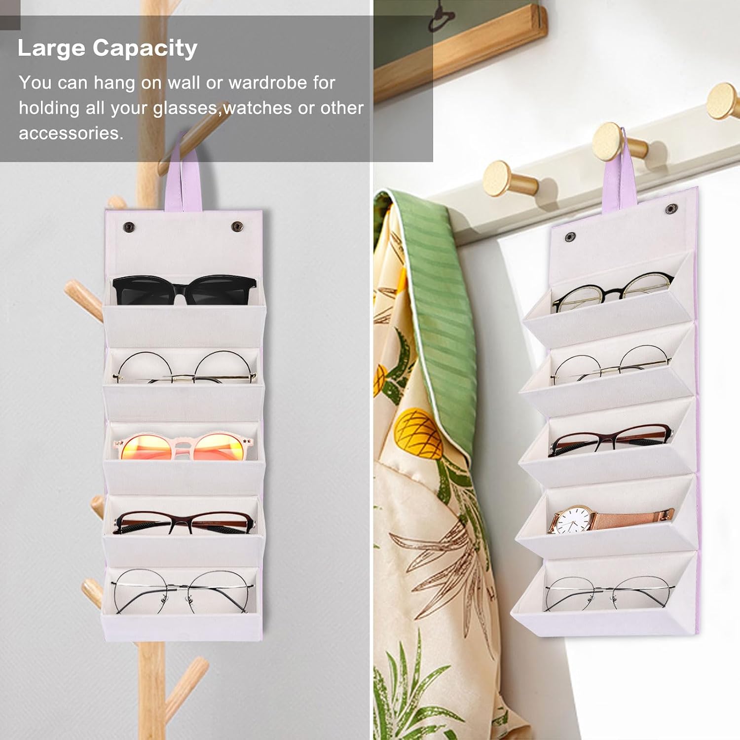 MEGREZ 5 Slots Sunglasses Organizer Box, PU Leather Foldable Woman Eyeglass Case Sunglasses Case Organizer for Travel