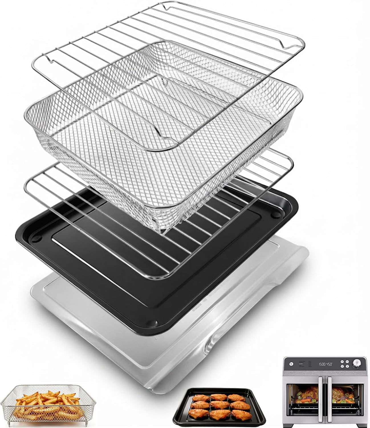 GCQ 5 IN 1 Air Fry Oven Accessories for Ninja FO101 French Door Premier, 12.2 × 12.2" Air Fryer Grill Pan Grill Plate Crisper Plate Rack Accessories Replacement Parts Tray,Dishwasher Safe
