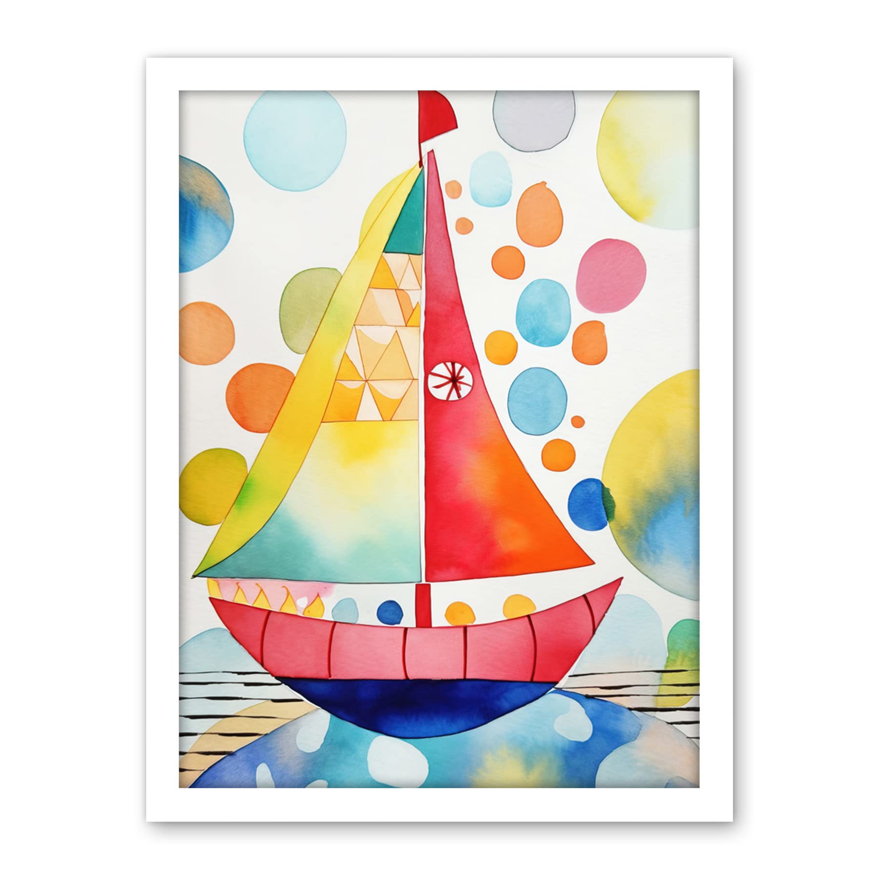 Artery8 Sailboat At Sunset Folk Art Artwork Framed Wall Art Print 18X24 Inch