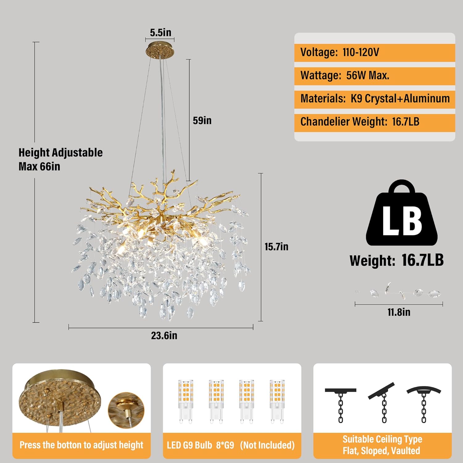 YUYI 23.6" Modern Gold Tree Branch Crystal Chandelier, 8-Light Round Raindrop Pendant Lighting for Dining Room Living Room Bedroom Kitchen Foyer Entryway, Luxury K9 Crystal Statement Light Fixture