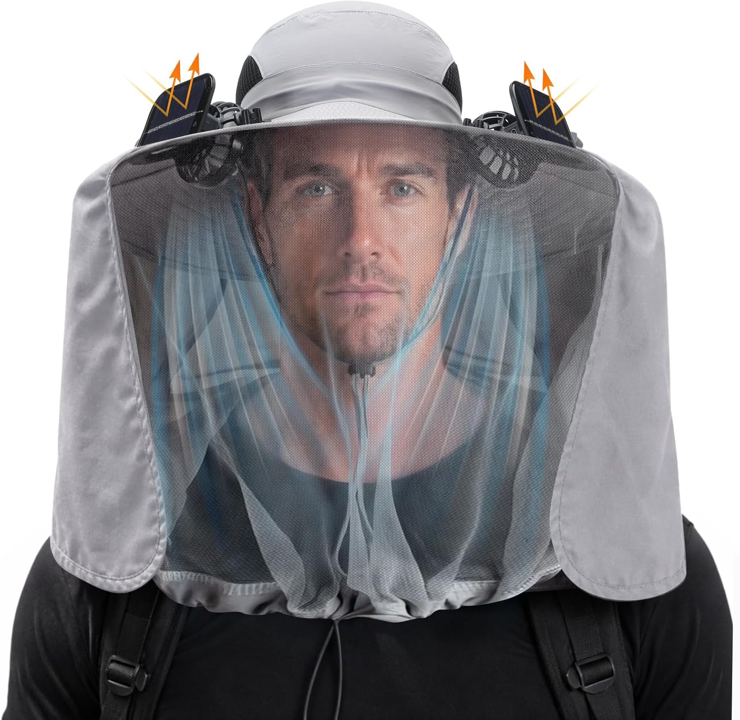Mosquito Net Hat with 2 Solar Fan Wide Brim Sun Hat with Neck Flap Breathable UPF 50+ for Camping Hiking Fishing