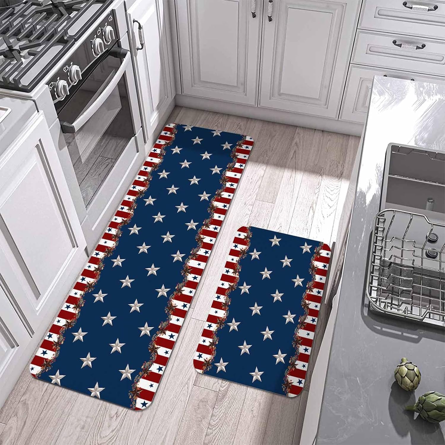 Prime Leader Independence Day Kitchen Mat Set 2 Pieces Farmhouse Country Star American Flag Non Slip Kitchen Rugs Washable Runner Rug Mats for Sink Laundry (23.6" x 35.4"+23.6" x 70.9")