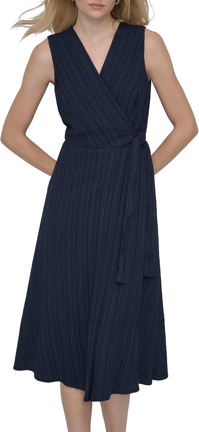 DKNY Womens Sleeveless Surplice Neck Partially Lined Faux Wrap Shirtdress