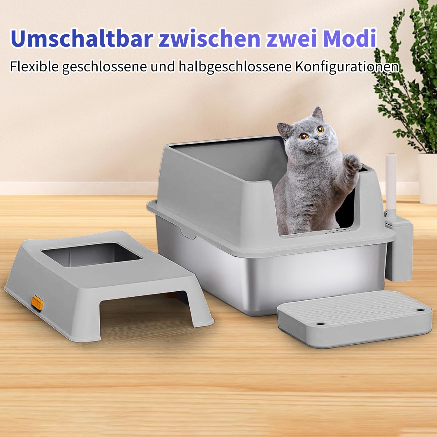 Geschlossene Edelstahl-Katzentoilette Mit Deckel – 61x40x29 Cm, XL Groß, Mit Schaufel & Matte