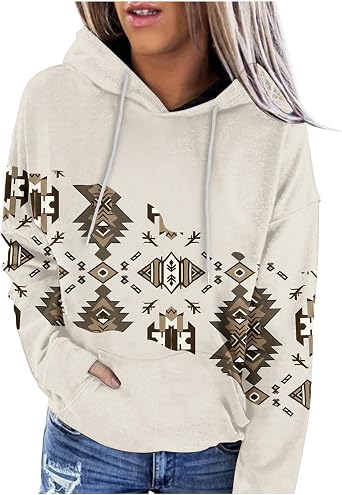Womens Western Aztec Ethnic Style Hoodies Sweatshirts Casual Western Cowgirl Rhombus Printed Pullover Tops