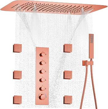 AYIVG Rose Gold Full Body Shower System 3 In 1 Multi Function Rainfall Waterfall Ceiling 16 X 24 Inch Shower Head Brass 5 Way Thermostatic Shower Faucet with Handheld 6 Body Jets