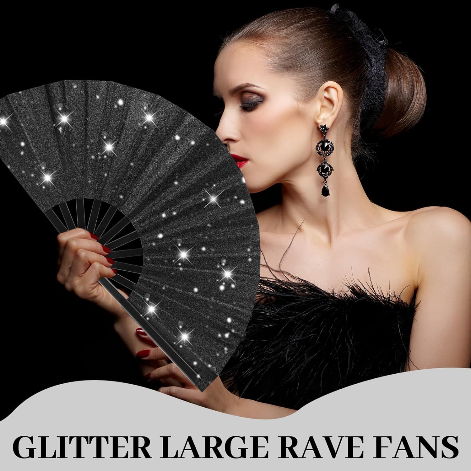 8 PCS Large Glitter Folding Fans Bulk with Sleeves for Line Dancing, 13-Inch Glittery Black Clacking Fan Popping Fans, Line Dance Retro Fold Fan for Festivals, Parties-Black