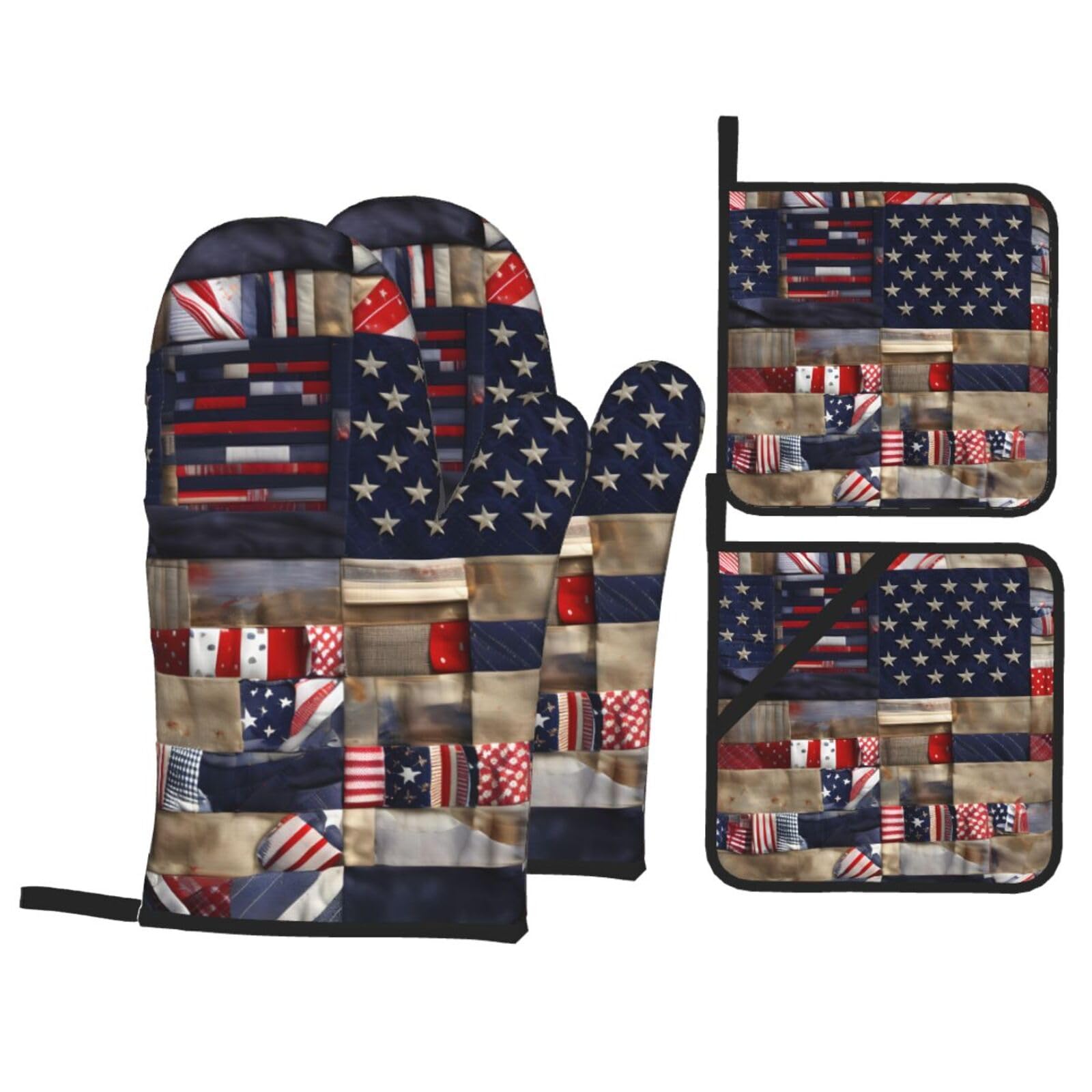American Flag Patchwork Print 4-Piece Heat-Resistant Oven Waterproof Kitchen Gloves Cooking Roasting Essential