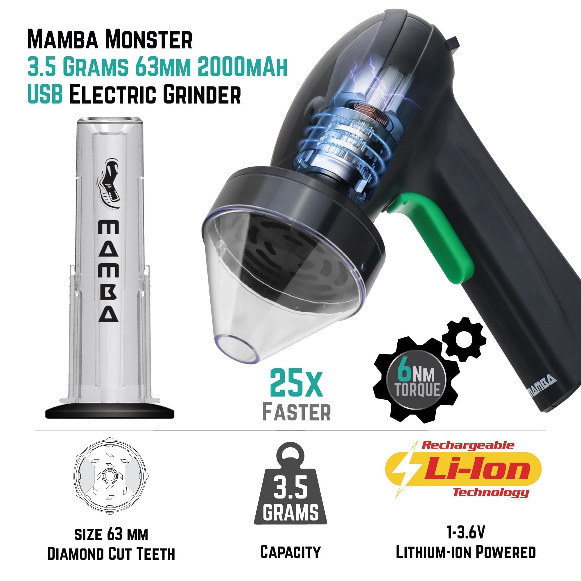Mamba Grinder elektrischer Pollen Crusher Schwarz bis 1g, USB und Mamba Grinder Monster elektrische Gewürzmühle, USB-aufladbar