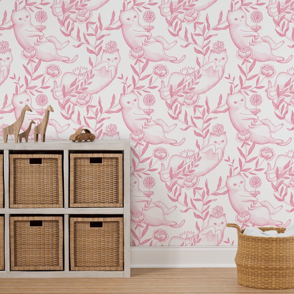 Spoonflower Peel & Stick Wallpaper 3ft x 2ft - Toile Cats Pink Funny Kittens Custom Removable Wallpaper
