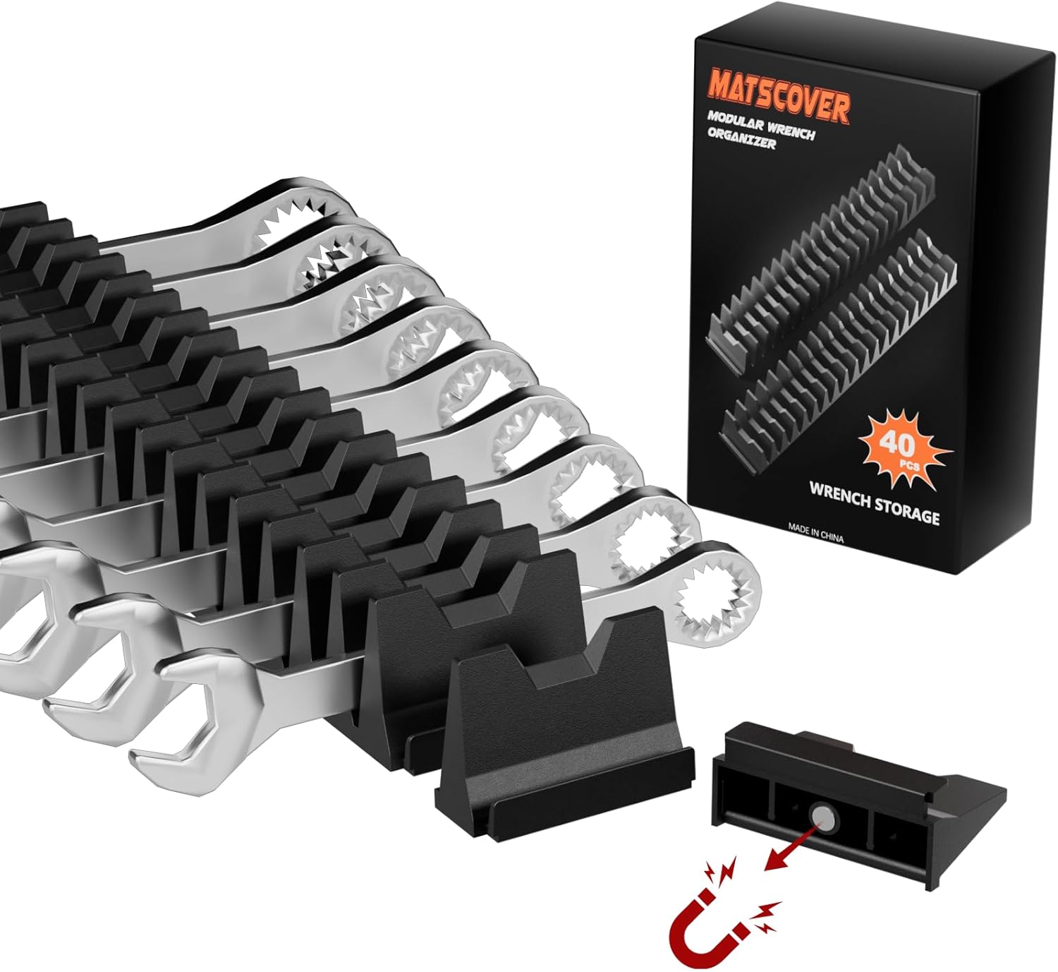 40PCS Magnetic Wrench Organizer Wrench Holder - Wrenchs Tool Organizers for Tool Drawer Storage, Wrenchs Storage Set with Metric & SAE Label, Tool Gift for Professional Mechanics Men, Black