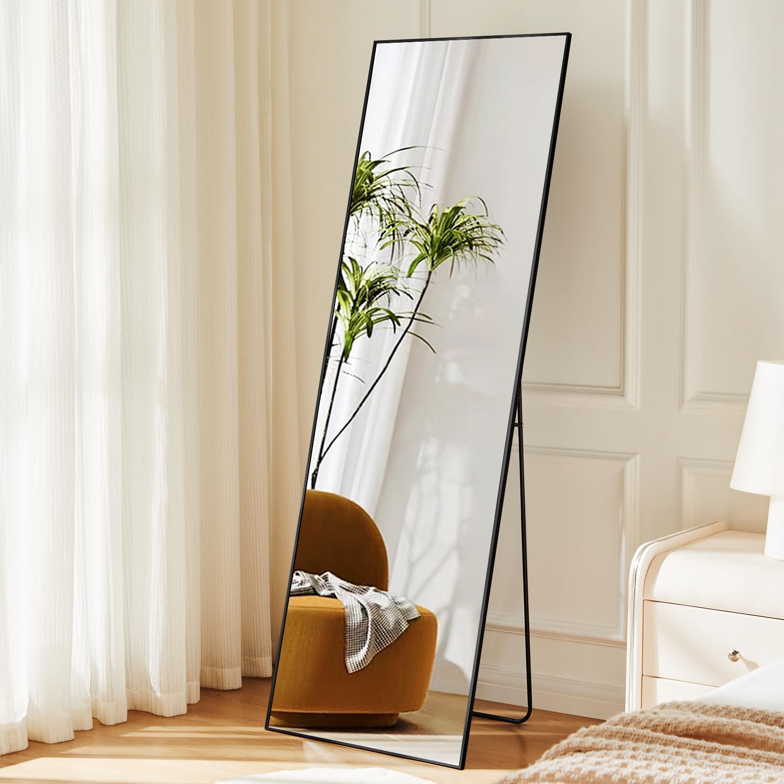 64" X 21" Full Length Body Mirror Rectangular Shaped, Aluminum Alloy Framed with Stand or Hanging Wall Mounted Free Standing Learning Mirror,Home Decor for Bedroom,Living Room,Black
