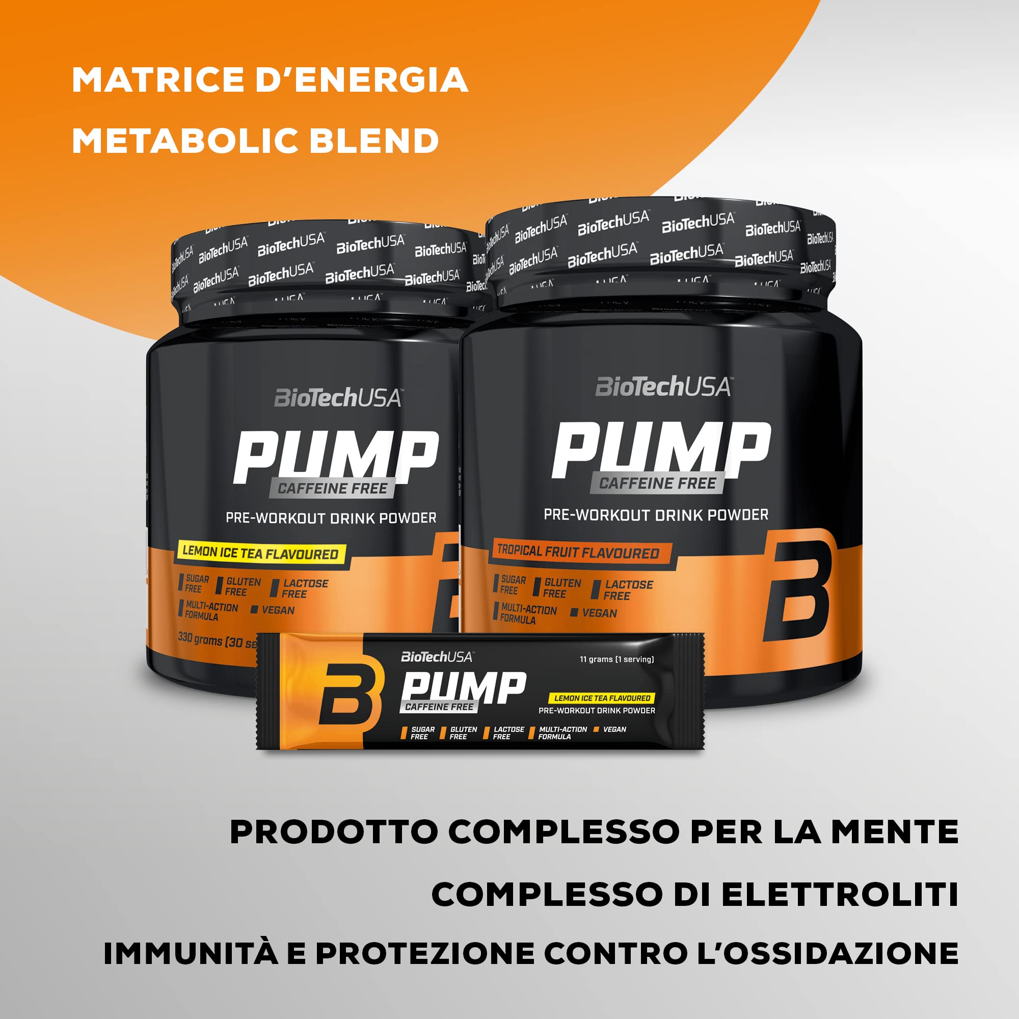 BioTechUSA Pump Caffeine Free | Energia, concentrazione e supporto immunitario | 19 principi attivi | Bevanda in polvere pre-allenamento, 330 g, Té freddo al limone