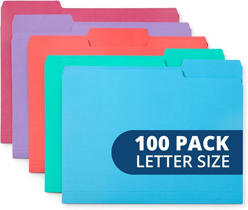 Blue Summit Supplies 100 File Folders, Letter Size, 1/3 Cut, Gem Tones | Durable 11pt, 1/3 cut top tab, colorful gem tones, for office, school, and home file organization