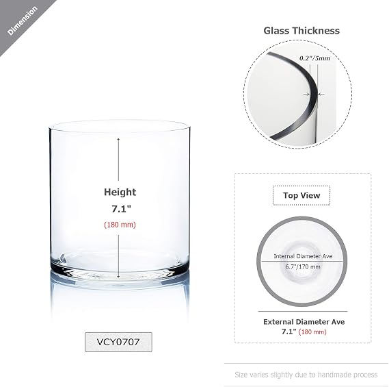 WGV Cylinder Vase, Width 7, Height 7, Clear Wide Large Diameter Flower Glassware, Floral Container, Planter Terrarium for Wedding Party Event, Home Accent Decor, 1 Piece