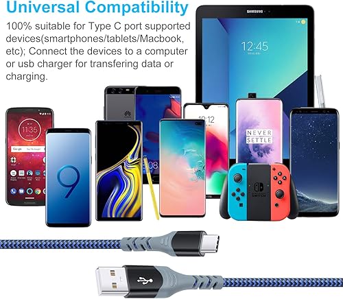 Miniatura 7 de Cable de carga USB tipo C de 10 pies, paquete de 6 cables USB a USB C, cable de carga trenzado para Samsung Galaxy S24 S23 S22 S21 S20 S10 S9 A03s