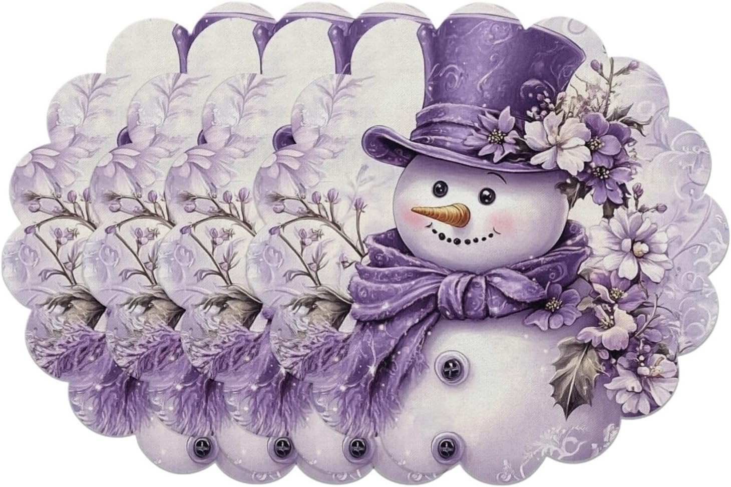 4PC Christmas Snowman Floral Placemats with Scalloped Edges Family Gathering Theme Table Decor and Accessories