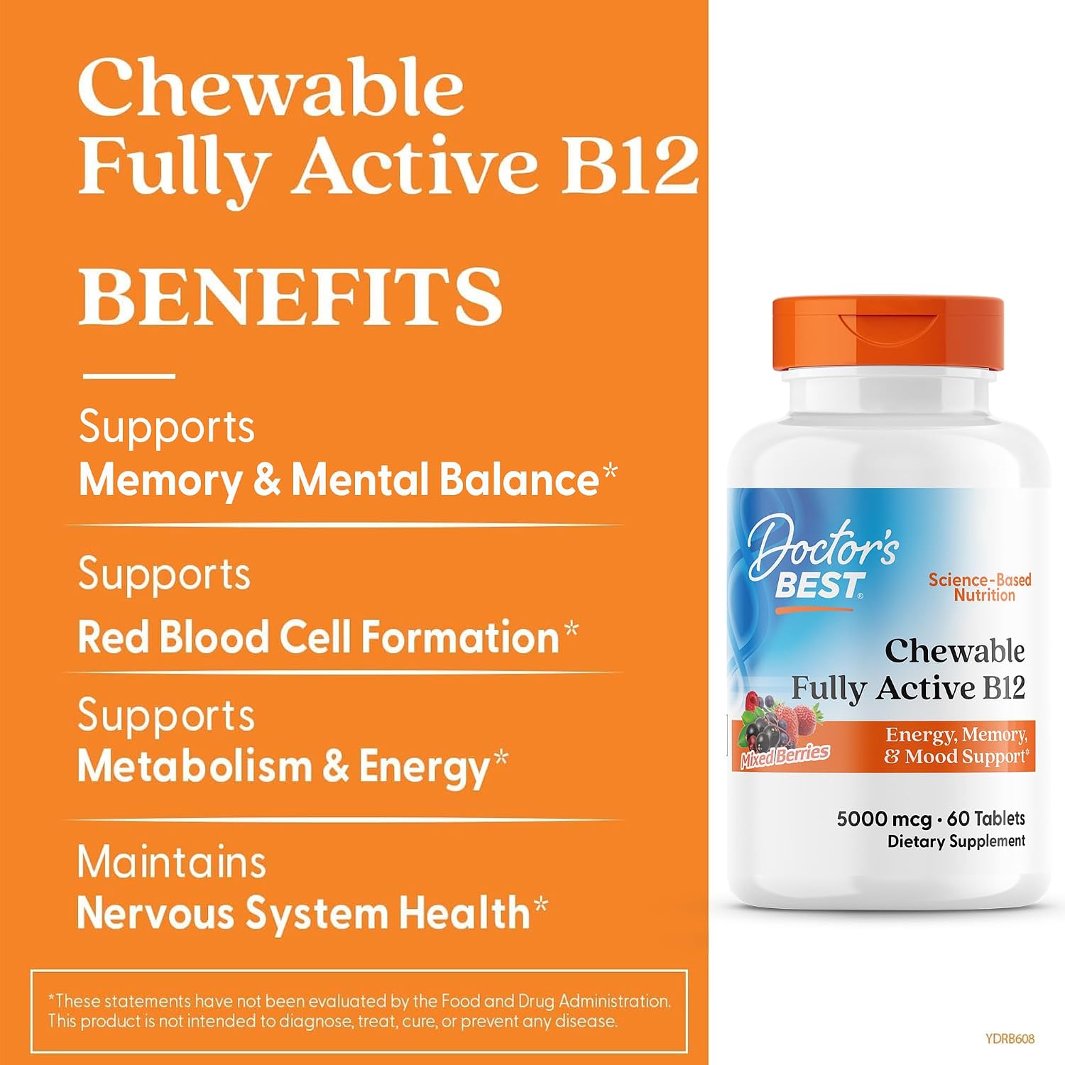 Doctor's Best Chewable Vitamin B12 Methylcobalamin for Men & Women - Vitamin B 12 5000 mcg, VIT B-12 Supplement, Vegan, Gluten Free, Non GMO, Fully Active, Mixed Berries Flavor - 60 Tablets | Chewable for Men & Women, Vitamin B 12 5000 mcg, Vit B-12 Supplement, Vegan, Gluten Free, Non GMO, Fully Active