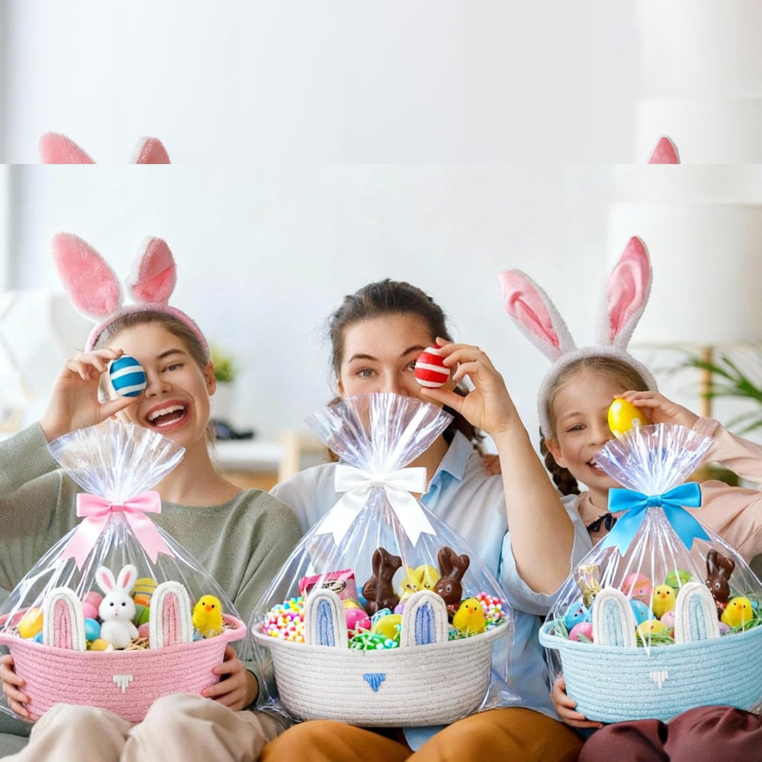 Colingmill 3 Pcs Empty Easter Baskets for Kids 12 x 7.9 x 5.1 Inches Colorful Woven Bunny Baskets for Boys Girls, Easter Egg Hunt, Baby Gift Organizer