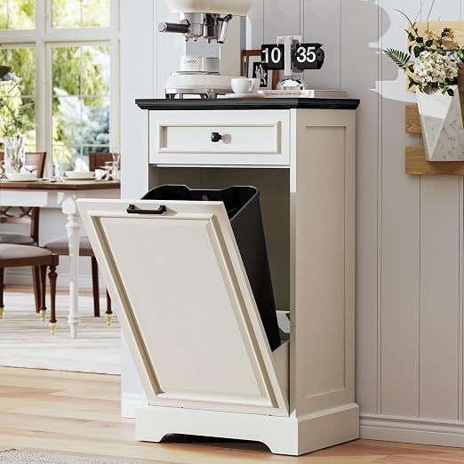 AHB 13 Gallon Tilt Out Trash Cabinet Kitchen Waste Bins, Laundry Hamper Tilt Out Pet Proof Hidden Trash Can for Kitchen Living Room, Antique White and Brown