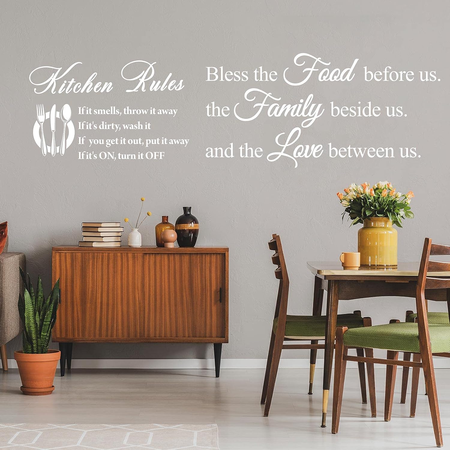 2 Pieces Kitchen Rules Wall Decals Art Mural Home Decor Sticker Vinyl Wall Quotes Saying Home Decor Wall Sticker Bless The Food Before Us Positive Kitchen Wall Decal for Dining Room Family (White)