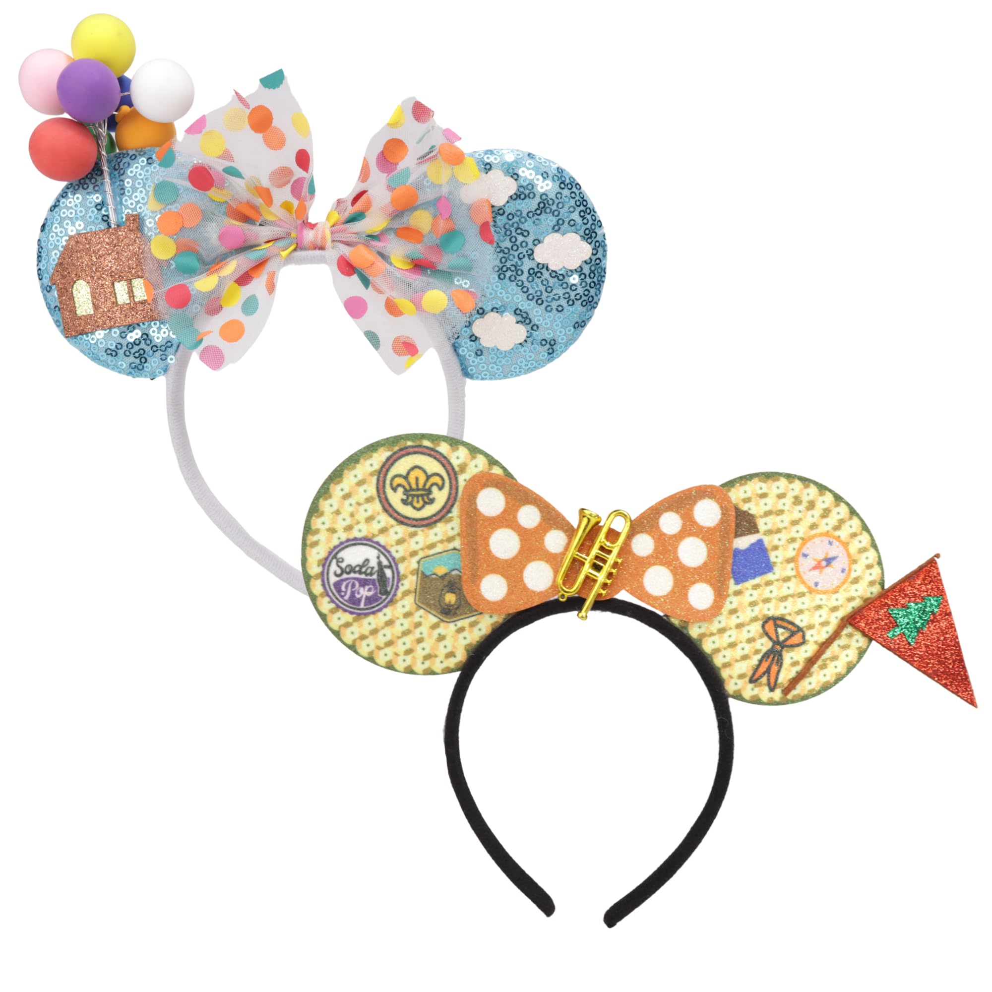 Needzo Up Themed Mouse Ear Headbands, Russell and Balloon Designs, Theme Park Hair Accessories, One Size Fits Most (Set of 2)