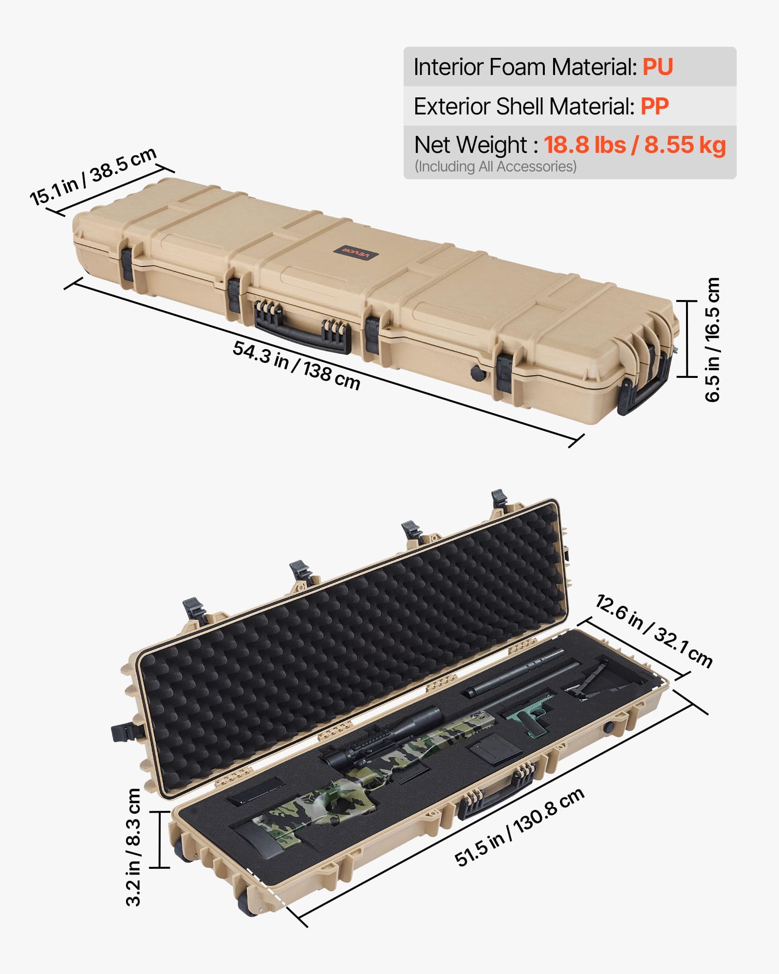 VEVOR Twardy futerał na broń długą, PP, z zamkiem i wstępnie wyciętą pianką, zwijany, wodoszczelny IP67, 1380 x 385 x 165 mm, khaki, do podróży środkami transportu publicznego