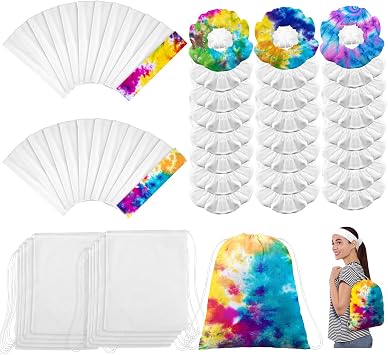 Abbylike 72 Pcs Tie Dye Party Supplies with Cotton Drawstring Backpacks White Scrunchies Hair Ties Elastic Headbands for DIY Tie Dye