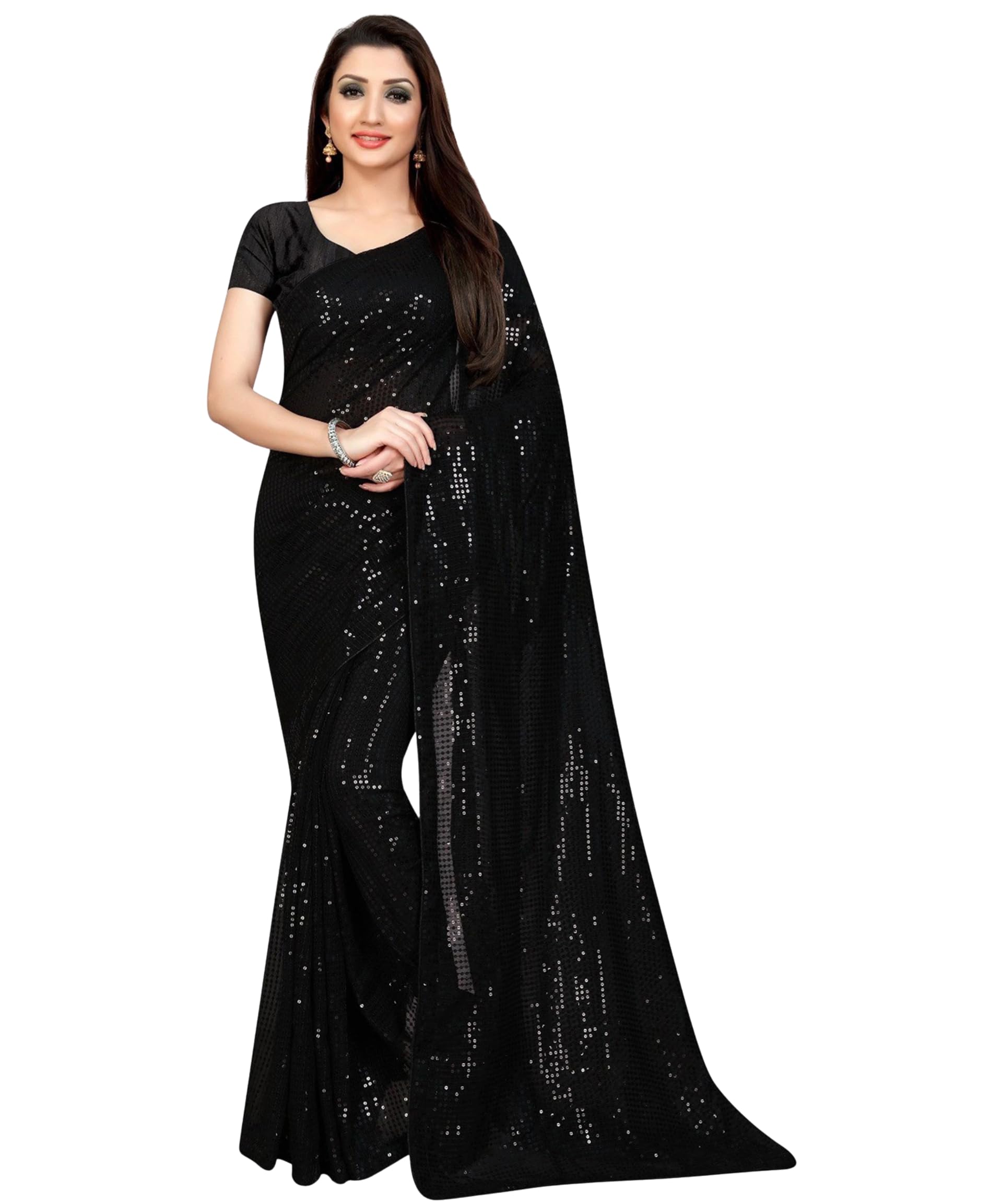 Embellished Bollywood Georgette Saree for Women | Sequins Work Border to Border | Color Saree with Banglory Silk Blouse Piece-image-25