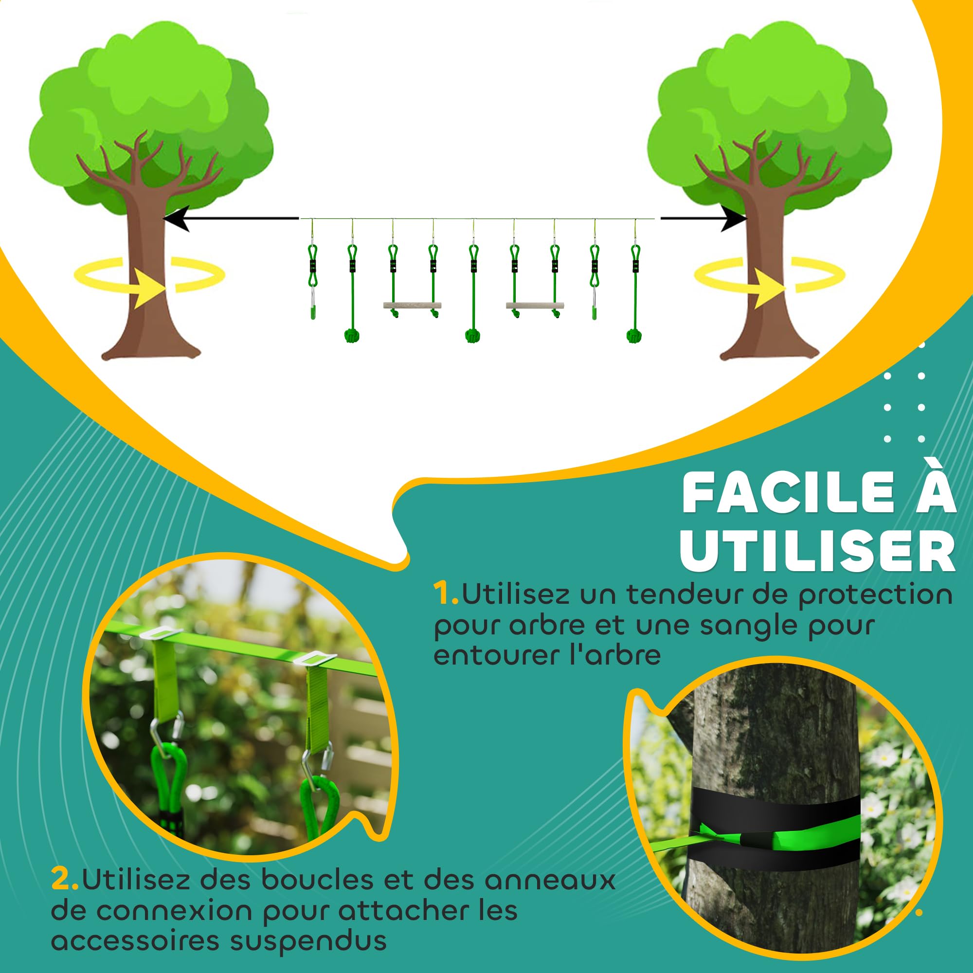 AIYAPLAY Parcours d'obstacles Ninja pour Enfants 10 m Charge 50 kg Slackline et Sac de Transport, équipement de Jeu extérieur pour Filles et garçons, Installation Facile, Bois de Sapin et PP, Vert