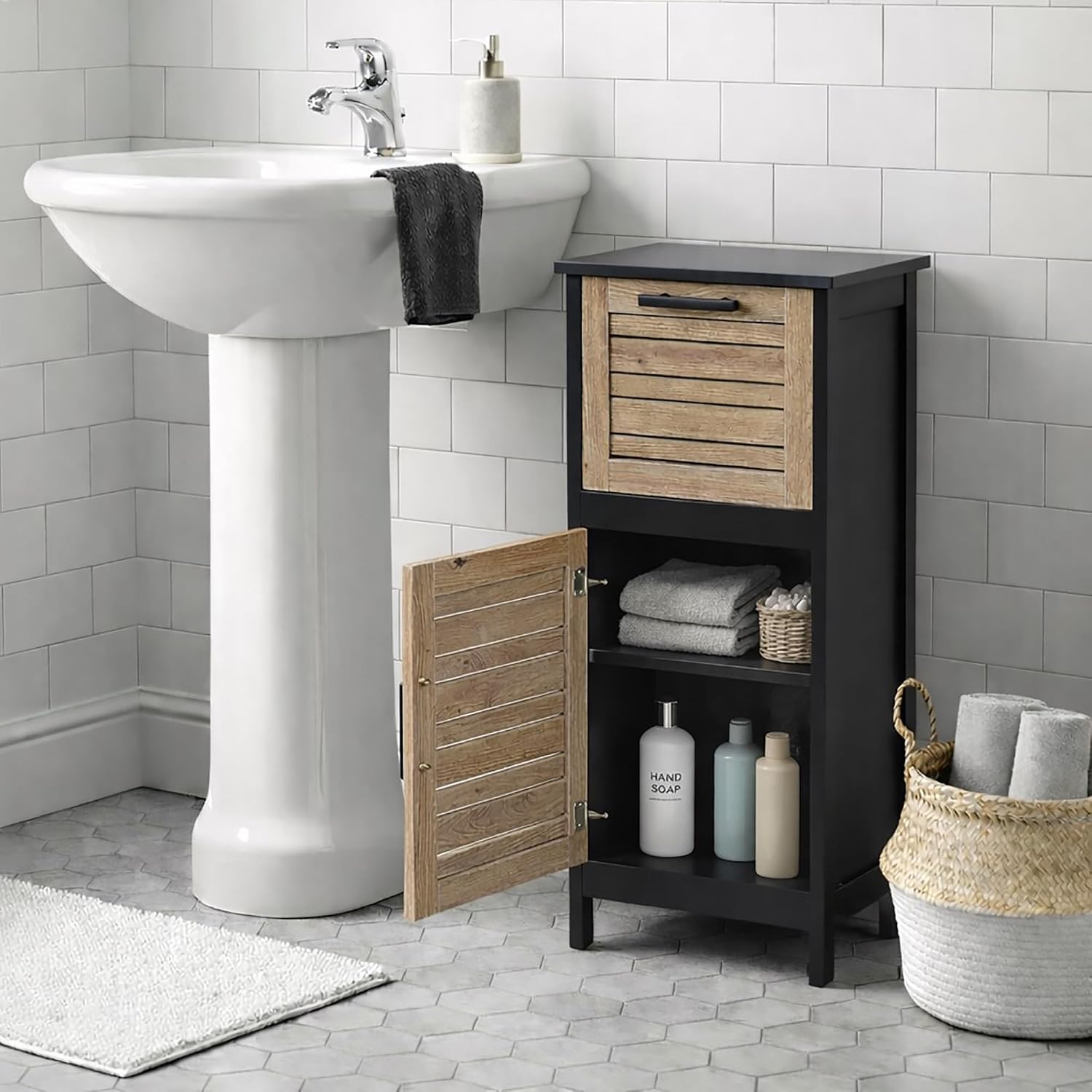 EVIDECO French Home Goods Compact Bathroom Storage Cabinet with Drawer and Vented Door, Black and Brown - Bergen Collection