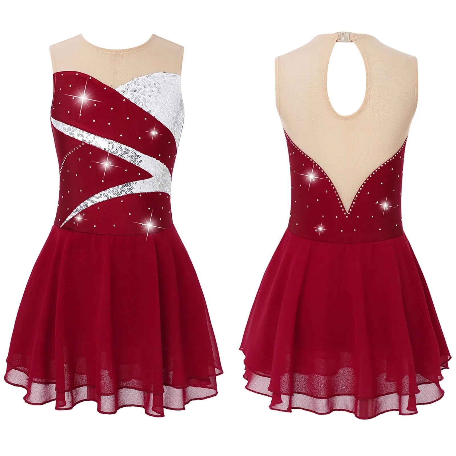 Gymnastikanzug Mädchen Mädchen Ballettkleid Eiskunstlaufkleid Ärmellos Glänzend Tutu Tanz Gymnastik Trikotkleid Ballerina Bühnenkleidung(Red,8)
