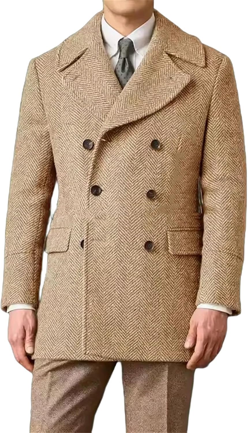 Men's Herringbone Jacket Woolen Long sleeves Elegant Suit Blazers Double Breasted Classic Style Coats