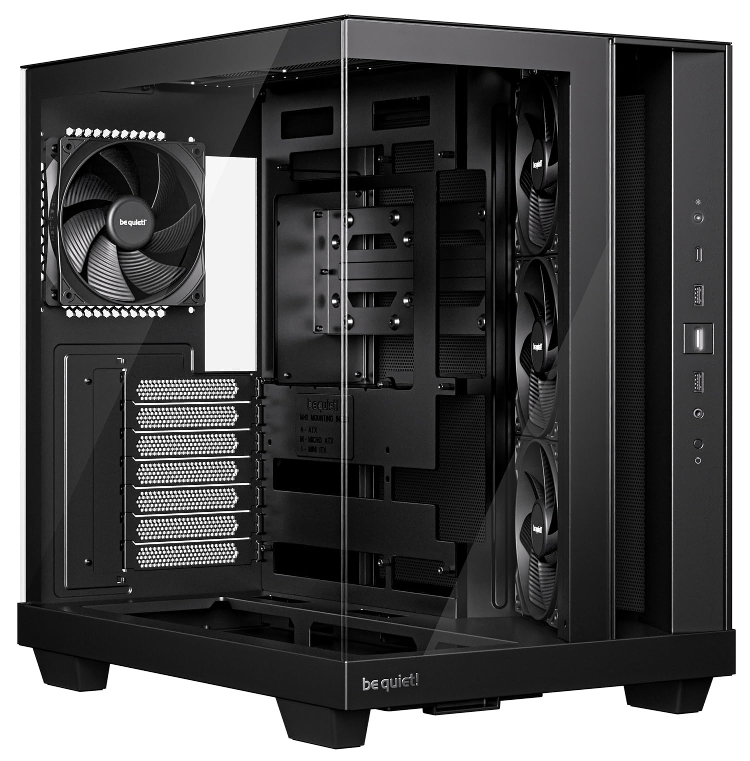 be quiet! Light Base 500 Black PC obudowa z pełnym szkłem, przednia i boczne okienko, prezentacja, konstrukcja Dual Chamber, 4 wentylatory Pure Wings 3 PWM, brak RGB, konstrukcja z tyłu