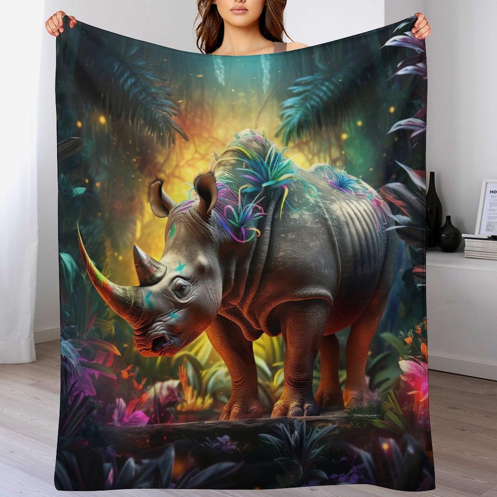 Couverture Polaire Douce Flannel rhinocéros 180x200cm pour canapé toutes saisons
