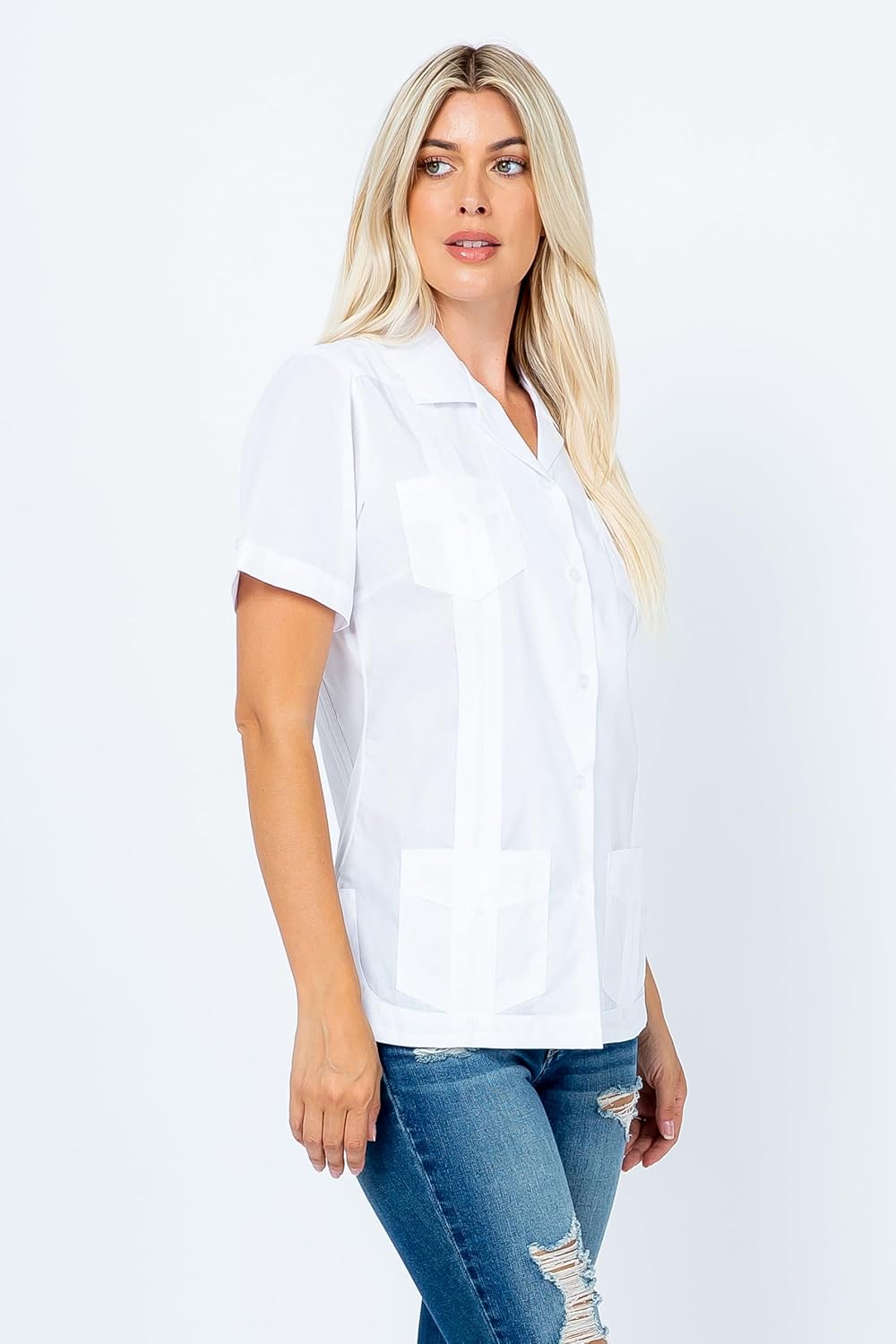 Mojito Collection Women's Cotton Blend Classic Short Sleeve 4-Pocket Guayabera - Image 3