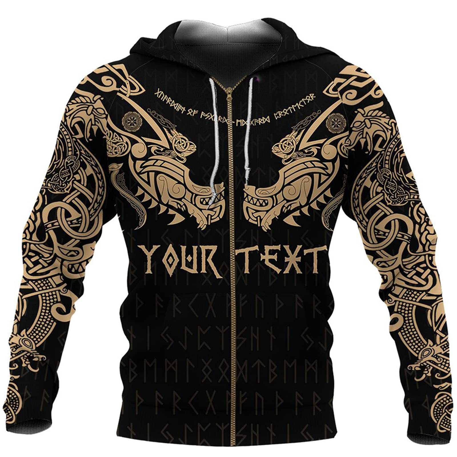 WSXJJ Tatuaggio Vichingo Felpa Cappuccio Uomo Casual Maniche Lunghe Pullover Stampa 3D Giacca Strada Regali Nordici,Fenrir Hoodie,S
