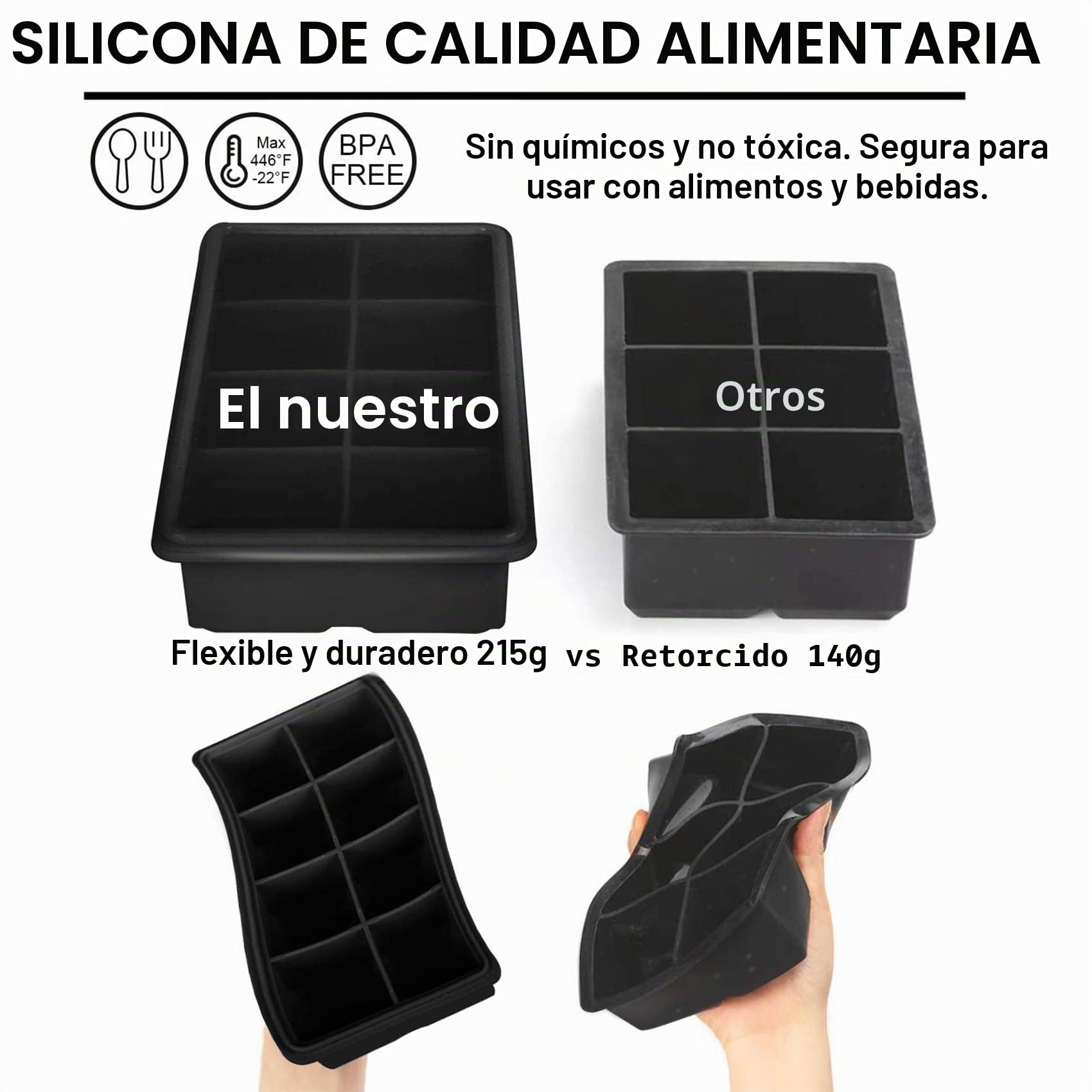 LessMo XXL Cubitera de Silicona con Tapa, Bandeja de Hielo, Paquete Doble, 5x5cm Cubos de Hielo, -40 a 260°C, BPA-Free (Negro)