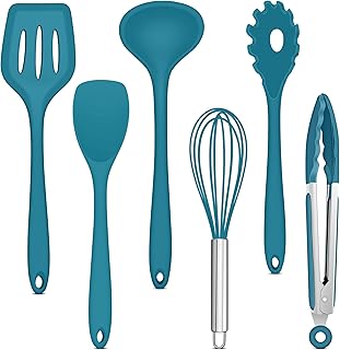 Joyfair Juego de 6 utensilios de cocina, utensilios de cocina de silicona, color azul, antiadherente, espátula para cocinar y hornear, resistente al calor y de calidad alimentaria, apto para