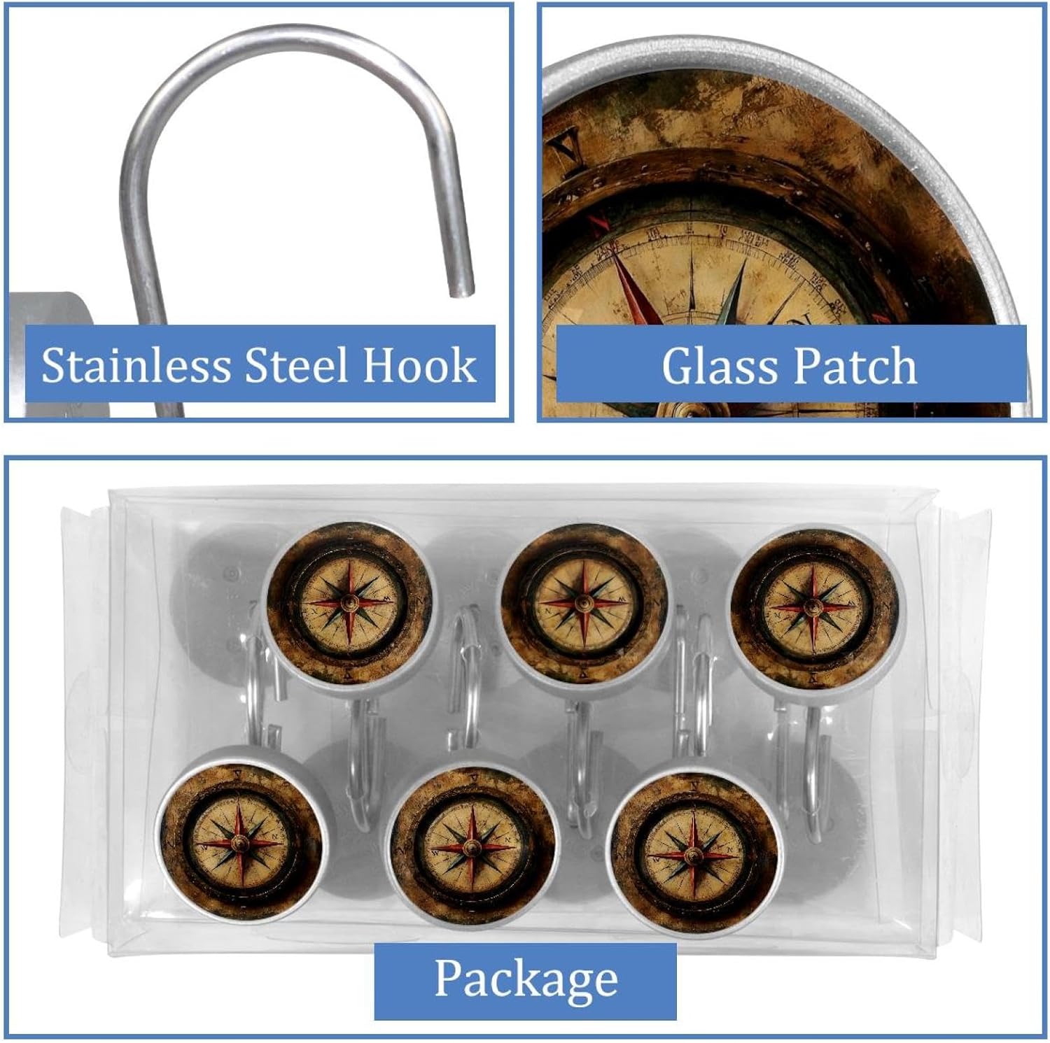 _Compass (1) Round Crystal Glass Decorative Shower Curtain Hooks with 3D Pattern Visual, Rust Proof Shower Curtain Rings-12 Pack