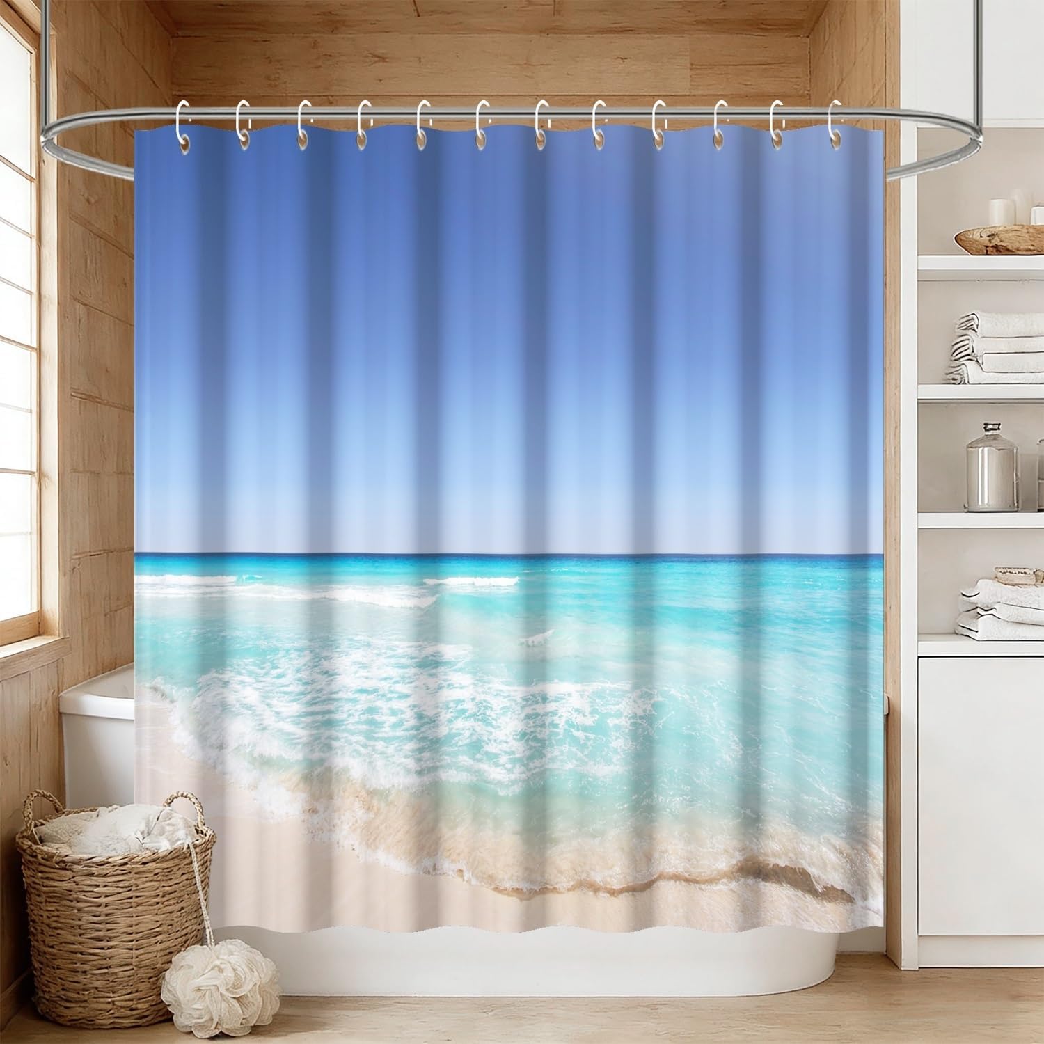 Yeele Ocean Beach Minimalist Seascape Fabric Shower Curtain 72x78 image 2