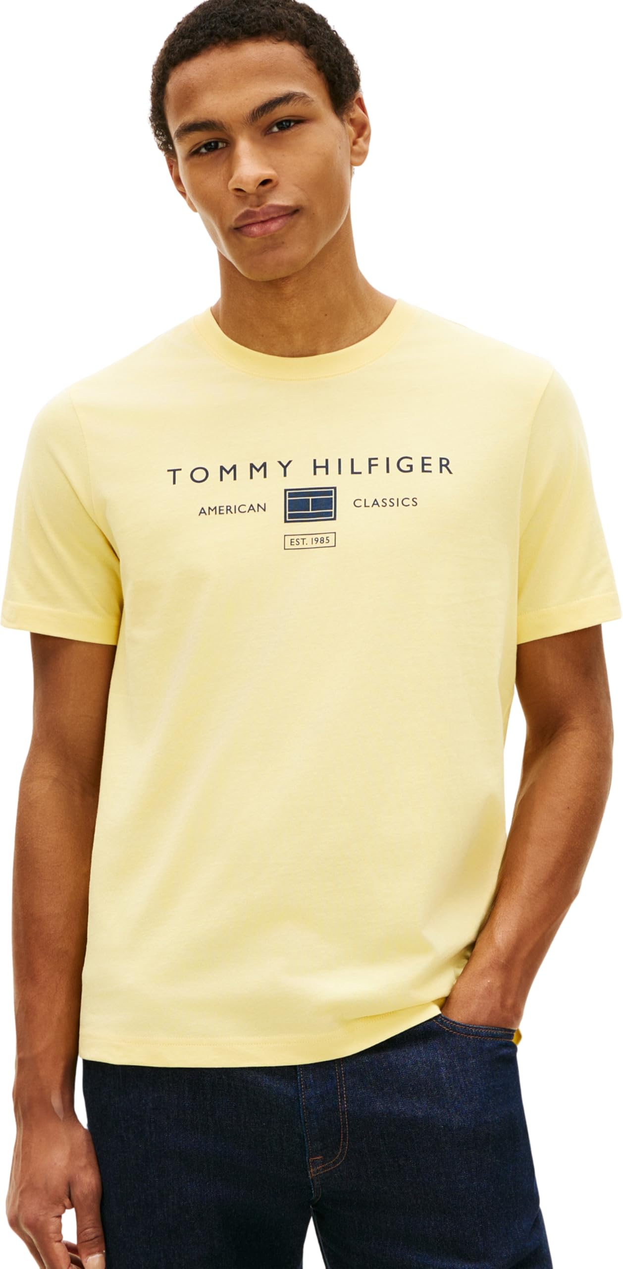 Tommy Hilfiger Men's Brand Love Mono Stack Tee MW0MW42365, Yellow, L