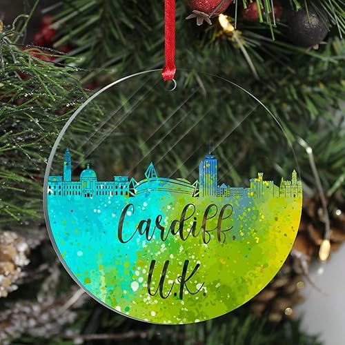 Miniatura 7 de Acrylic Ornament Blanks Colorful City Silhouette United Kingdom Cardiff Personalized Acrylic Glass Ornament with Hole Religious Christmas Keepsake
