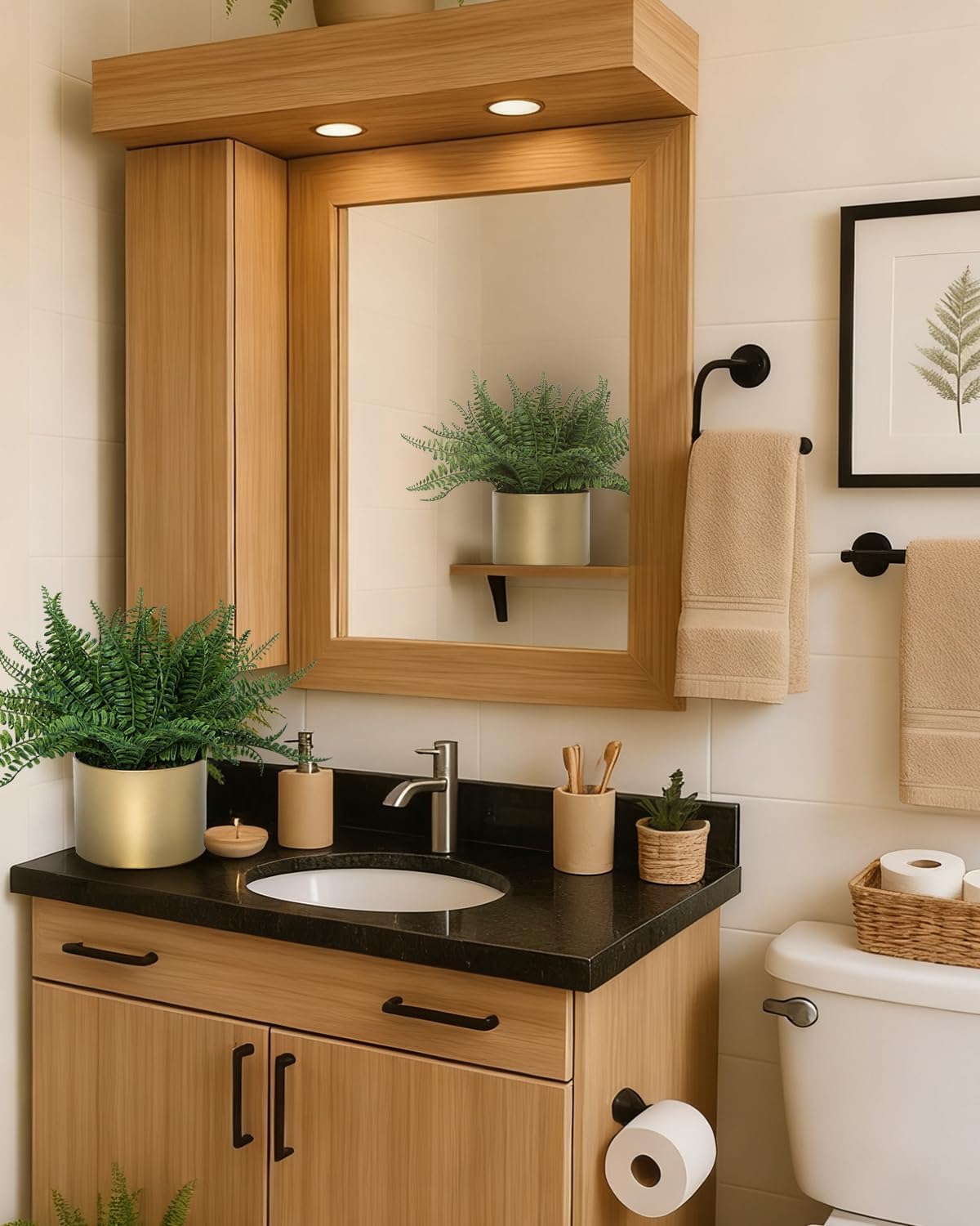 Coferset Small Fake Plant Fern Potted Artificial Plants Fake Fern for Shelf Home Bathroom Office Decor(Gold Mental Pot)