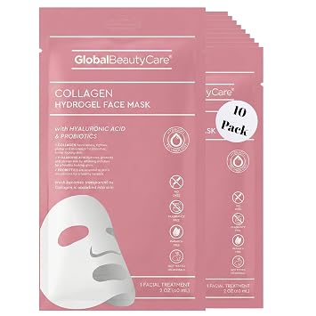 Global Beauty Care Collagen Hydrogel Face Mask - Hydration & Plumping Facial Treatment for Dry, Dull Skin with Hyaluronic Acid & Probiotics, Firming & Smoothing Daily Skincare Support, 10 Pack